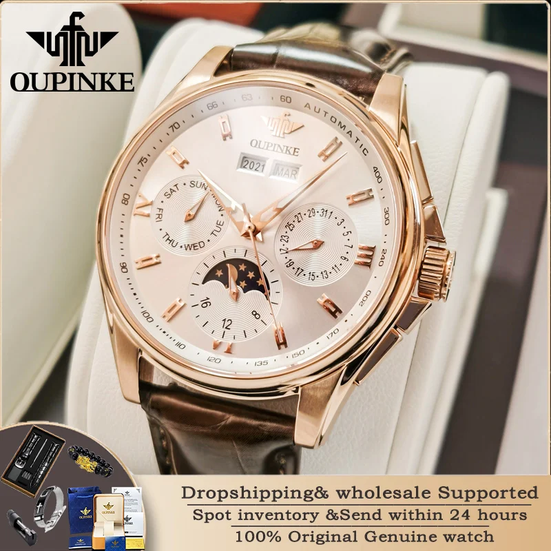 OUPINKE 3189 Herrenuhr Top Luxusmarke Automatische mechanische Uhr Mode Leder Wasserdicht Saphirspiegel Mond Herrenuhr Image