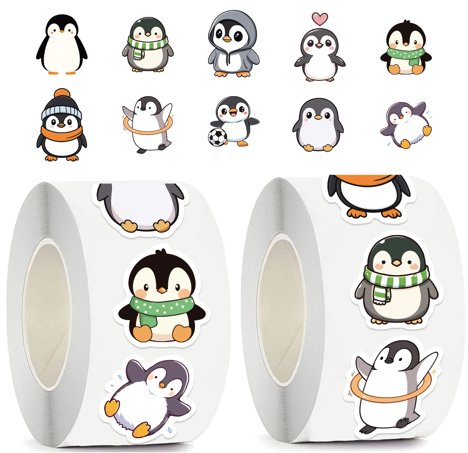 500 Stück Pinguin-Aufkleberrolle, wasserfest, selbstklebende PVC-Aufkleber mit niedlichen Tiermotiven für Laptops, Sammelalben, Telefone Image