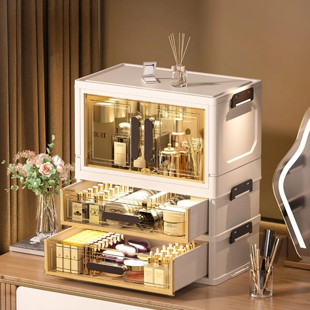 Multifunktionaler 3-stufiger Kosmetik-Organizer, faltbarer Make-up-Organizer, Schreibtisch-Kommode, Organizer-Schubladen, stapelbares und staubdichtes Design