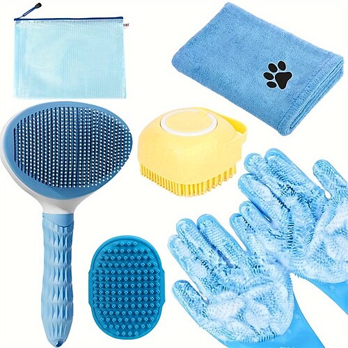 Kit spazzola da bagno per cani da 6 pezzi Kit spazzola da bagno per cani da 6 pezzi con asciugamano guanti da lavaggio spazzola lisciante per la toelettatura dei capelli per la perdita di pelo