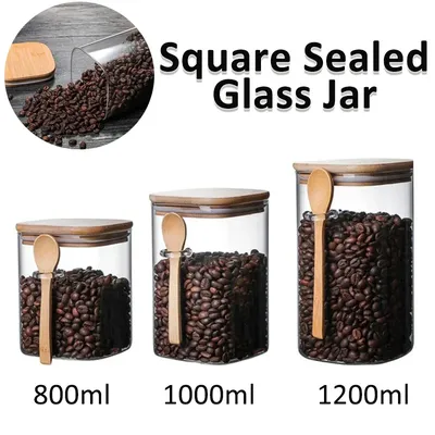 800/1000/1200ML Square Sealed Glass Jar with Wooden Spoon Seasoning Box Coffee Bean Tea Storage