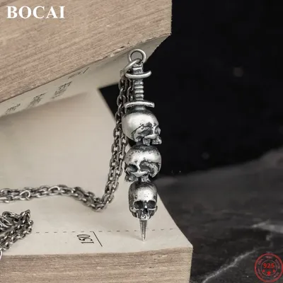 BOCAI S925 Sterling Silver Charms Pendants for Women Men Retro Skull-head Sword through Skeleton