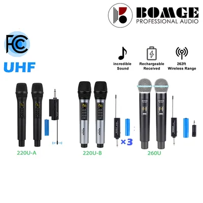 2 Metal Handheld UHF Wireless Microphone 80m with 3 Rechargable Lithium Battery for Recording