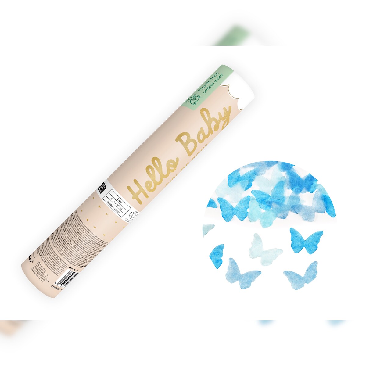 PartyDeco Konfettikanone Baby Geschlecht Junge Schmetterlingskonfetti 20cm Konfetti Kanone Party Popper Babyparty Babyshower Konfettiregen Konfettibombe Blau Image