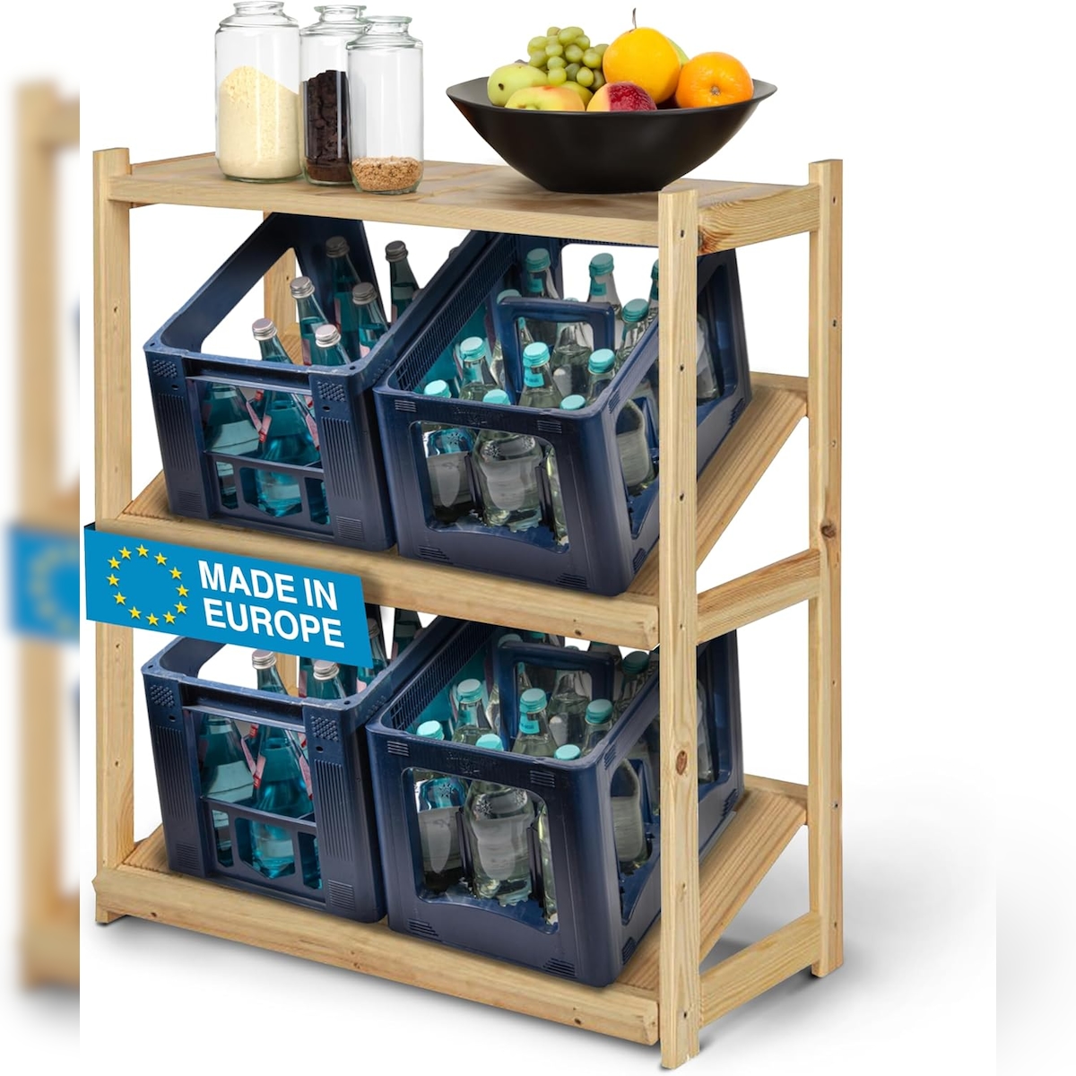 PROREGAL Getränkekistenregal SPREEWALD HxBxT 112x70x33cm 2 Ebenen für Kisten + Ablage Massives Kiefernholz Grau geölt Getränkekistenständer Image