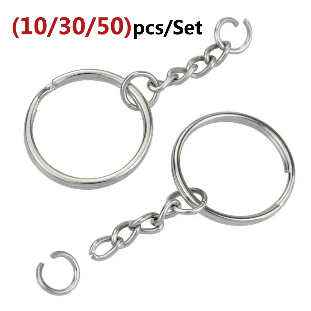 10/30/50 Stück offene Metall-Schlüsselanhänger mit Kette und Biegeringen, silberfarbene Metallteile mit offenem Ring und Verbinder, DIY-Schmuck Image