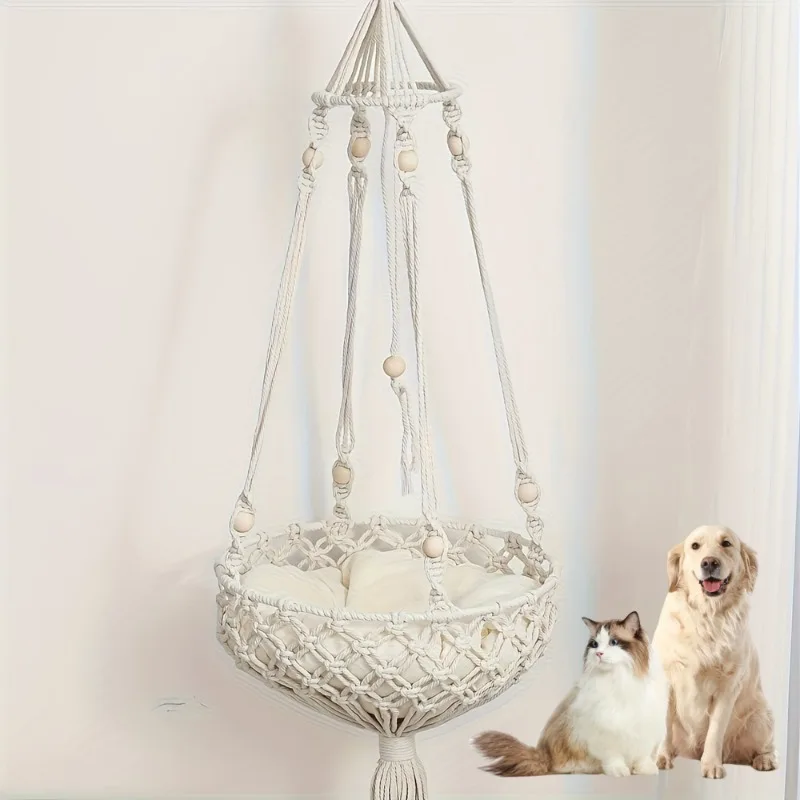 1 Stück böhmische handgewebte Katzen-Hängematte aus Baumwollseil – hängendes Rattan-Bett für Katzen im Innenbereich, Haustierkorb mit Makramee-Design Image