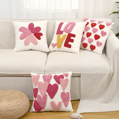 Gestickte Liebe, süßer Sofa-Kissenbezug, Valentinstag, getufteter Samt-Baumwoll-Kissenbezug, Buchstabe, rosa Überwurf-Kissenbezüge, 45 x 45 cm Image