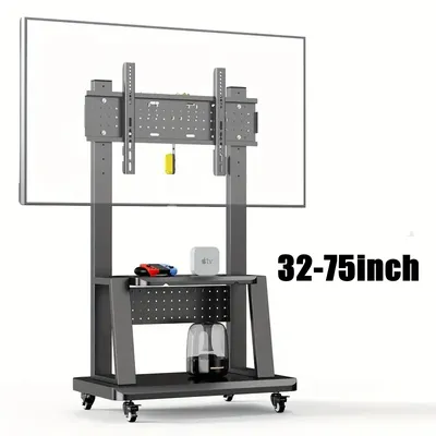 Höhenverstellbarer mobiler TV-Ständer, rollender TV-Wagen für 32-75-Zoll-Fernseher, tragbarer Boden-TV-Ständer mit Stahlablage und Lochplattform