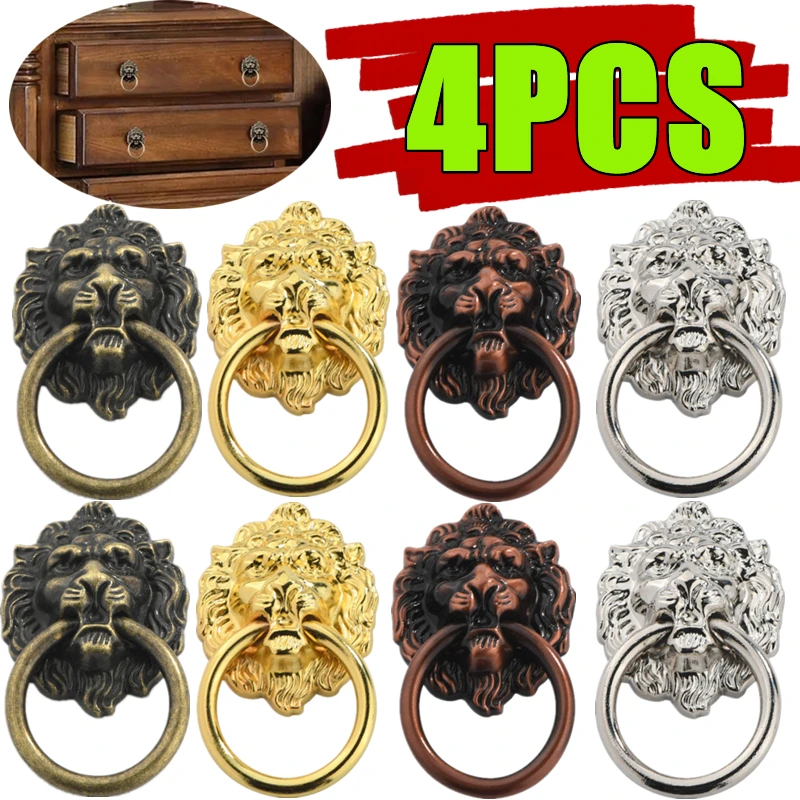 4-1PC Löwenkopf Knopf Antik Bronze Ring Griff Vintage Legierung Pull dekorative Hardware Tür Schrank Schublade Griff Pull Knopf Ring