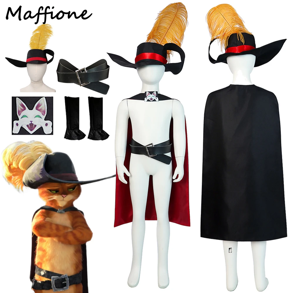 Katze Schwertkämpfer Cosplay Kinder Erwachsene Kostüm Film Puss Cosplay In Stiefel Verkleidung Kappe Mit Feder Gürtel Umhang Halloween Party Anzüge Image