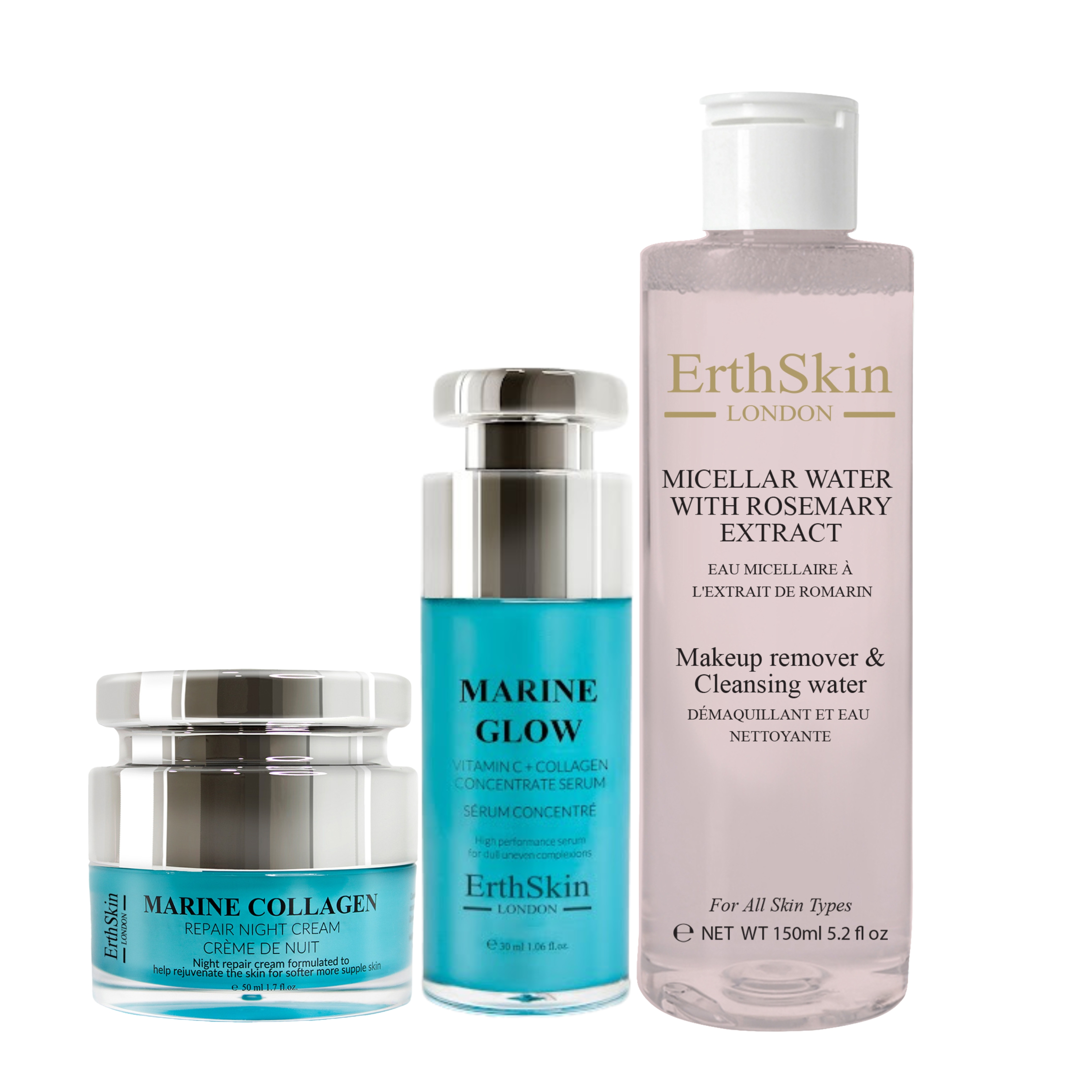 Mizellenwasser mit Rosmarin-Extrakt 150ml+ Marine Glow Vitamin C + Collagen-Konzentrat Serum 30ml+Marine Collagen Nachtcreme 50ml Image