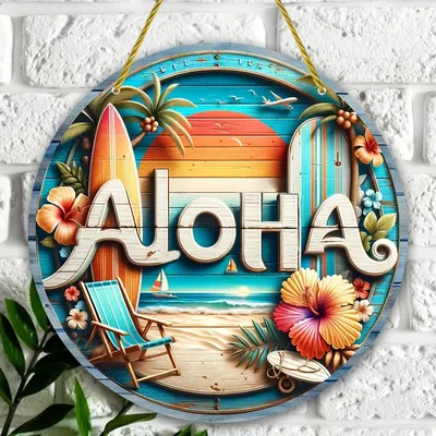 1 Aloha Wooden Sign Pendant/Round Beach Wall Art with Wreath Welcome House Number/20/8CM Hawaiian