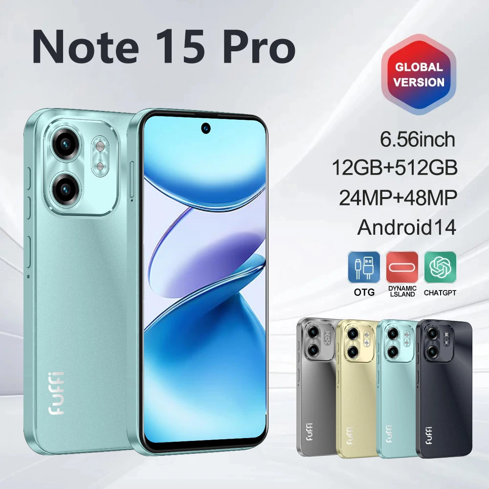 FUFFI Note 15 Pro Smartphone téléphone portable Android 14 écran 6.56 pouces, 12 + 512GB 24 + 48MP téléphone portable 5800mAh Google Play Store téléphone