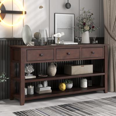 Console Table, Entryway Table with 3 Drawers & 2 Tier Open Shelf, Mid-century Modern Accent Table with Solid Wood Legs