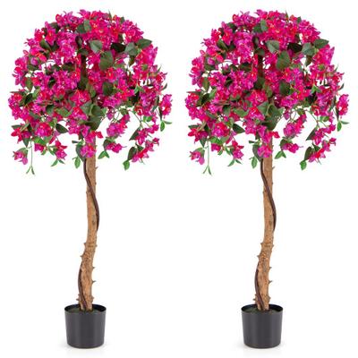 Costway Set of 2 4.5 Feet Artificial Azalea Tree with Cement Pot-Red