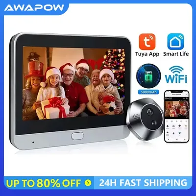 Awapow 4.3 Inch Wifi Door Viewer Smart Tuya Video Doorbell Camera Peephole 2-Way Audio Mini Camera Motion Detection Night Vision
