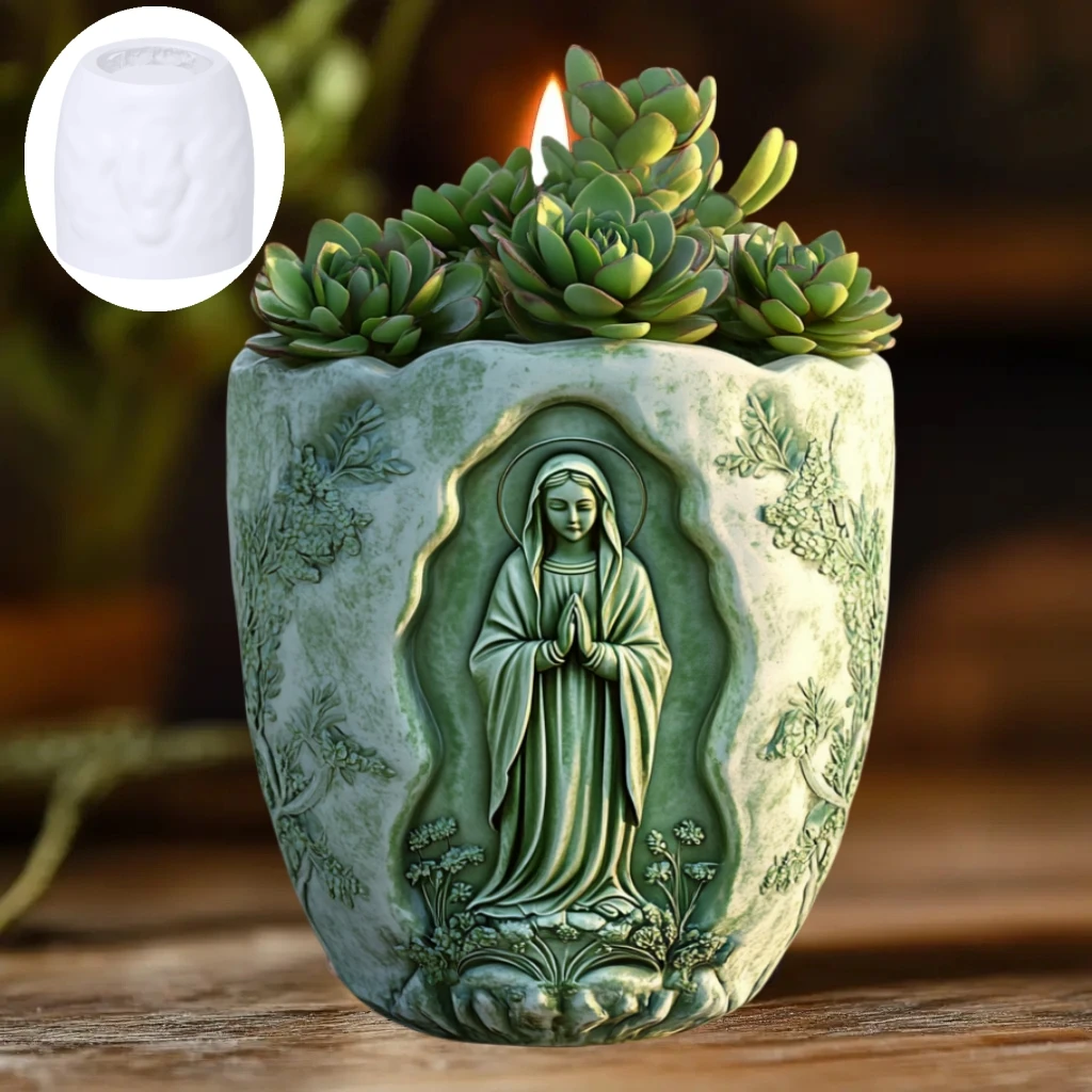 DIY Mary Kerze Tasse Form Gebet Jungfrau Maria Relief Sukkulente Blumentopf Harz Silikon Form Göttin Relief Gips Formen Image