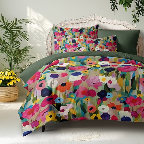 Florales Bettbezug-Set 100 % Baumwolle weich und atmungsaktiv Bettwäsche mit bunten Blumen leicht und haltbar Quiltbezug angenehm für alle Jahreszeiten leicht zu pflegen Image