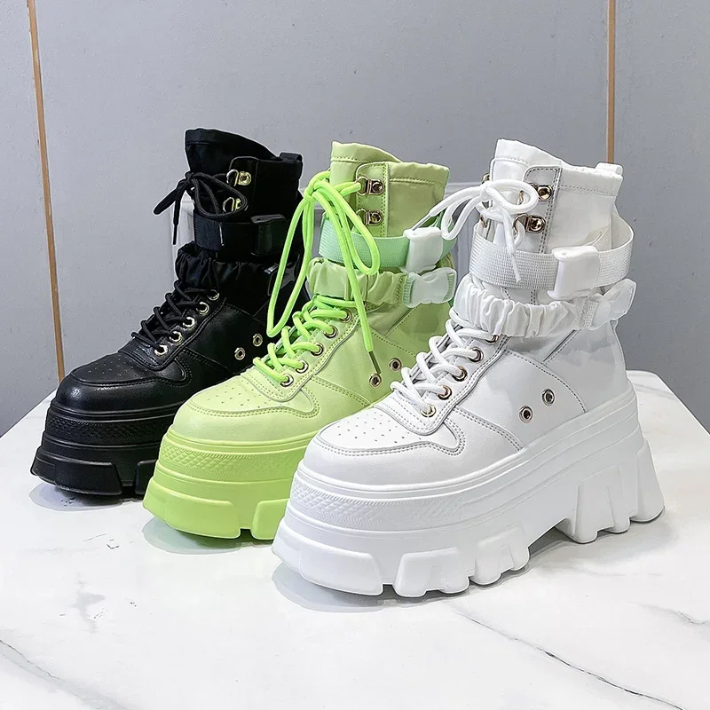 7CM Grün Punk Chunky Plattform Motorrad Stiefel Frauen Herbst Winter Gothic Schuhe Frau Dicken Boden Spitze Up Ankle Botas mujer