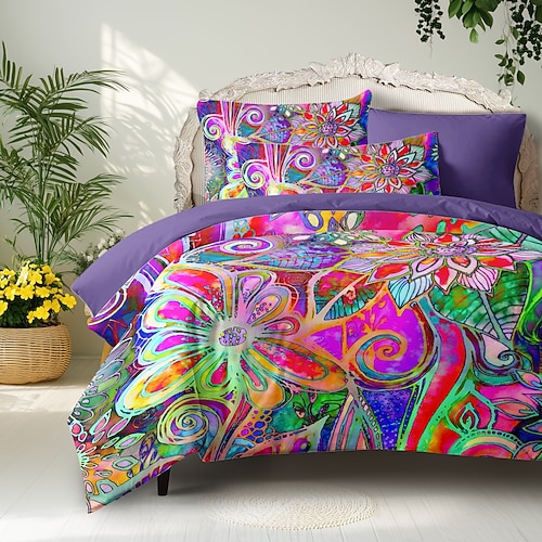 Bohemian Bettbezugset 100% Baumwolle Weiche und atmungsaktive Bettwäsche mit bunten Blumen Leichter und langlebiger Bettbezug Komfortabel für alle Jahreszeiten Pflegeleicht Image