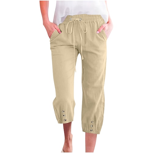Damen Hose aus Baumwollleinen Caprihose Stoffhosen Streetwear Lässig Wadenlang Hohe Taille Natürliche Taille Einfach Tasche Elastisches Kordelzugdesign Atmungsaktivität Weich Bequem Mikroelastisch Image