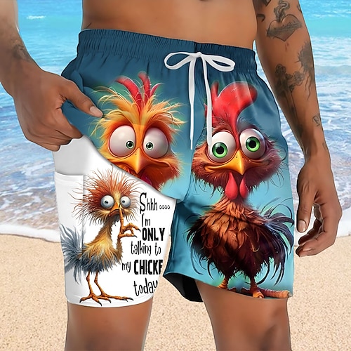 Herren Tiermotiv Küken Lustig Gefütterte Shorts 2 in 1 Badeshorts Badeshorts Mittlere Taille Hawaiianisch Urlaub Ferien Strandbekleidung Seitentaschen Mit Kompressionsfutter Elastischer Kordelzug in Image