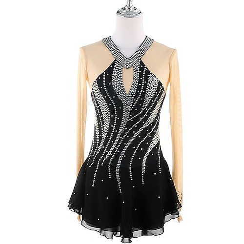 Eiskunstlaufkleid Damen Mädchen Eislaufen Kleid Schwarz Patchwork Daumenloch Netzstoff Spandex Dehnbar Training Übung Professionell Eiskunstlaufkleidung Thermowarm Kristall / Strass Langarm Eislaufen Image