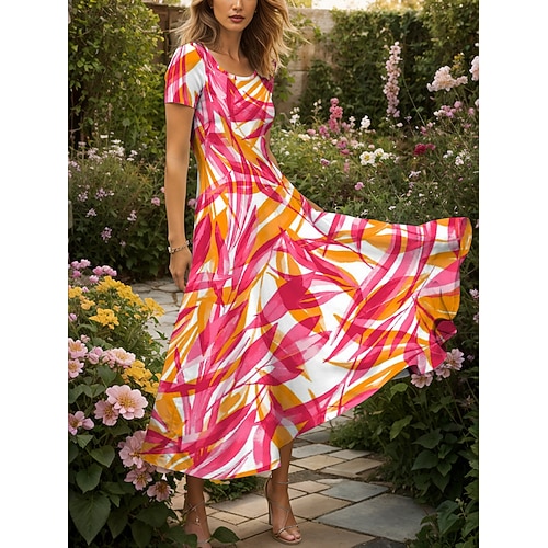 Damen Maxikleid Freizeitkleid A Linie Kleid Sommerkleid Urlaub Vintage Ethnisch Normale Passform Grafik Blatt Geometrisch Kurzarm Quadrathals Gelb Rote Blau Purpur Sommer Frühling Image