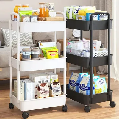 3-Layer Mobile Storage Rack Trolley Kitchen Bathroom Bedroom Multi Storey Snacks Manicure Storage Rack With Wheels Organizer