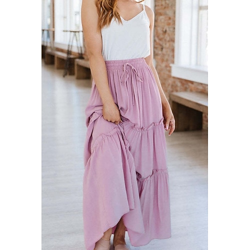 Damen Lässig Maxi Hoher Bund Röcke Einfach Gerafft Kordelzug Mikroelastisch Ausgehen Alltagstauglich Wein Schwarz Armeegrün Violett Sommer Baumwolle Image