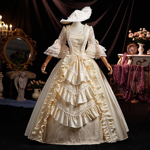 Vintage Rokoko Renaissance Maxi Kleid Normal Ein Hauch Prinzessin Braut Plissiert Gerüscht Prinzessin Rundhals Kostüm Damen Halloween Karneval Maskerade Party Halloween Leistung Erwachsene Ganzjahres Image