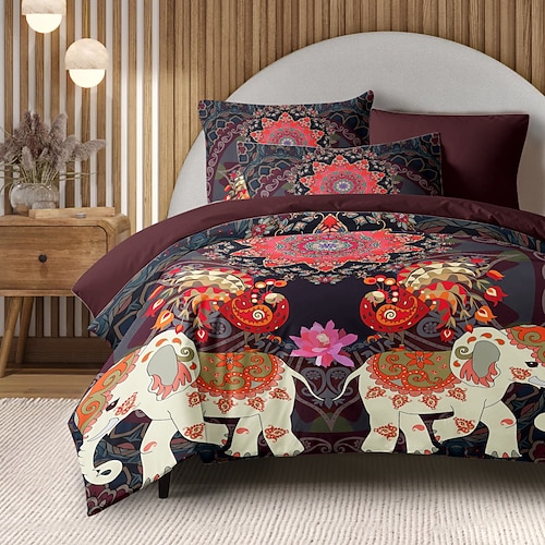 Bohemian Bettdeckenbezug Set 100% Baumwolle weich und atmungsaktiv Bettwäsche mit Elefanten-Paisley-Drucken leicht und langlebig Bettbezug angenehm für alle Jahreszeiten pflegeleicht Image