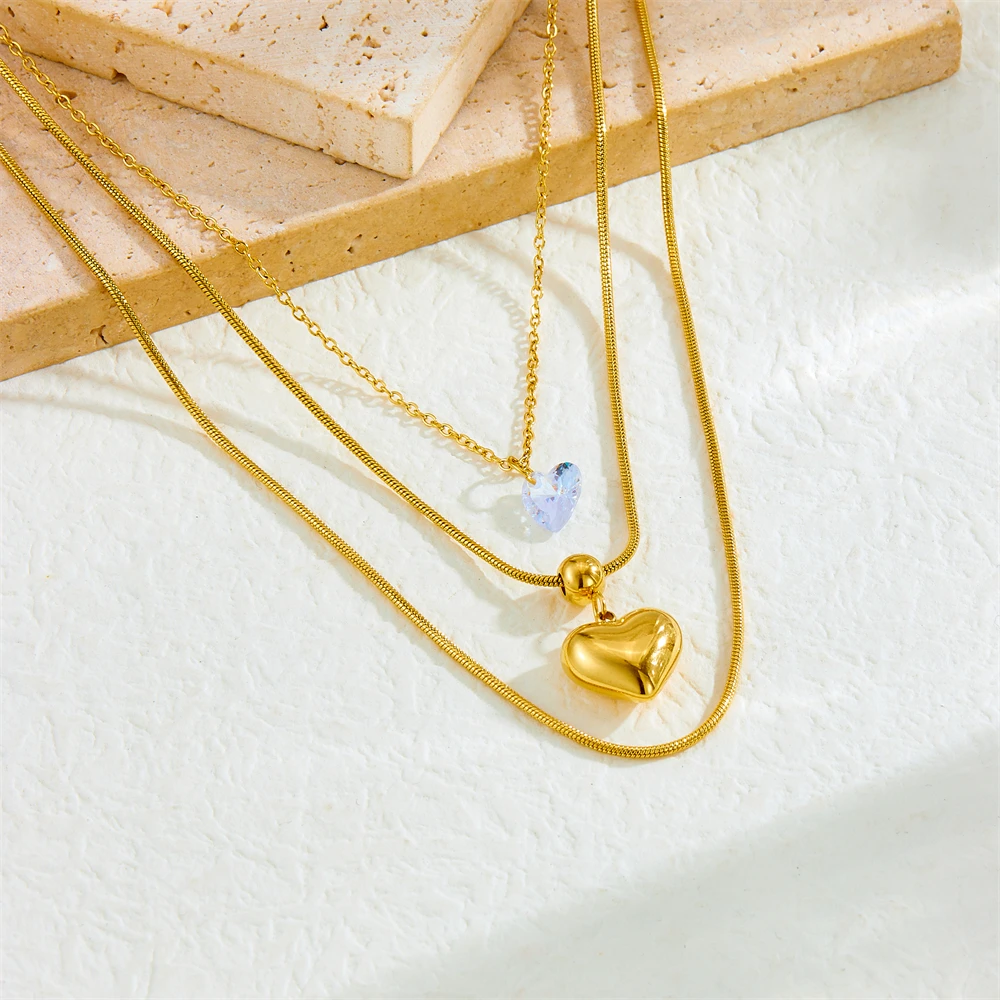316L Edelstahl Goldene Hohle Herz Weiß Kristall Multilayer Halskette Für Frauen Neue Mode Hals Kette Schmuck Geschenk Image