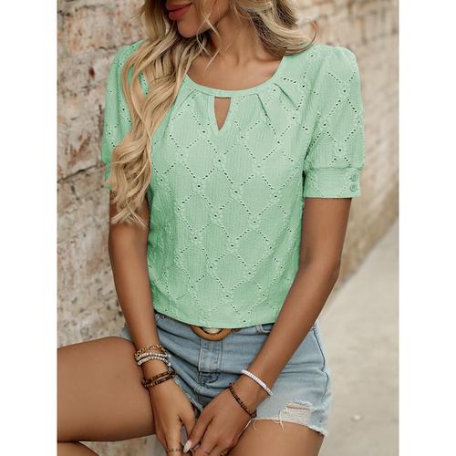 Women's Blouse Solid Color Stylish Casual Short Sleeve Crew Neck Regular Tops Daily Eyelet Black Sky Blue Green Beige Summer
