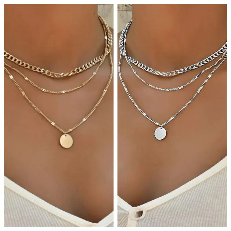 Collana da 2 pezzi color oro più gioielli combinati con catena multistrato a pois stile cool da donna placcati in argento
