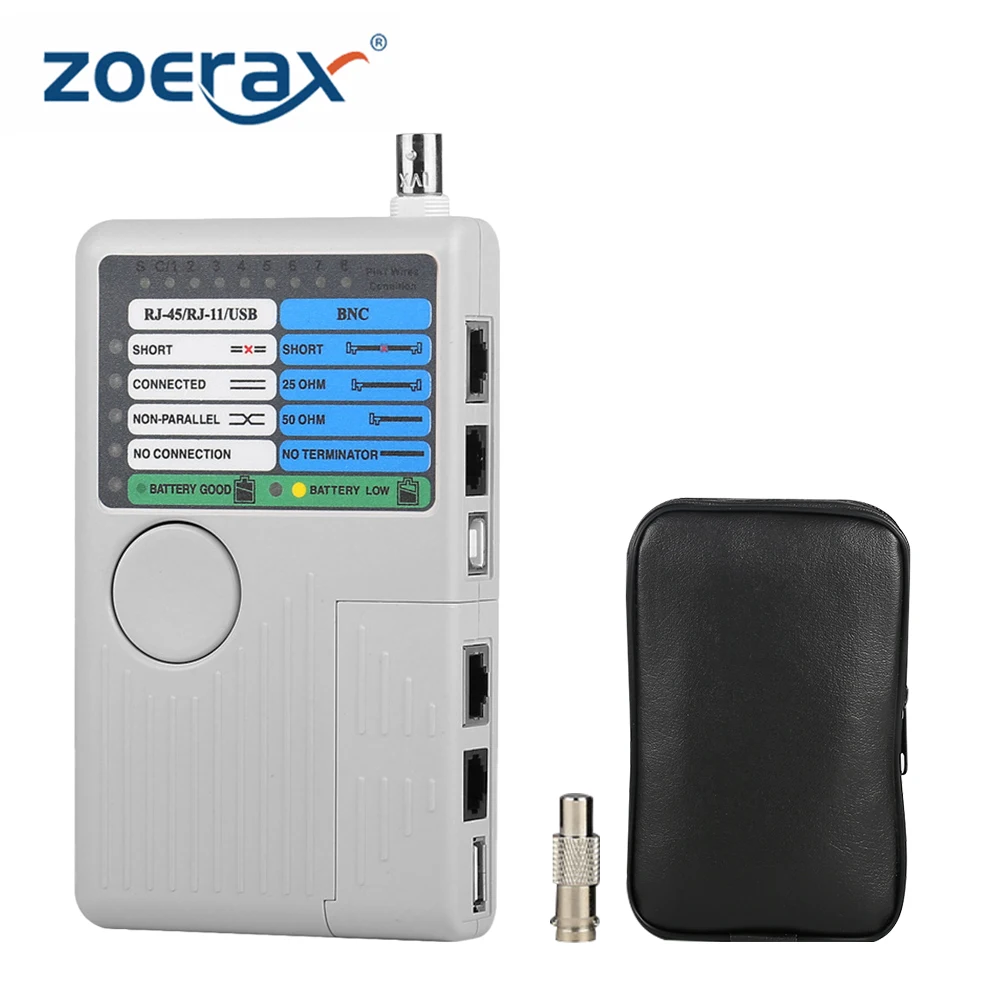 ZoeRax 4-in-1-RJ45-Netzwerk- und Telefon-Multikabeltester mit LED-Anzeige für RJ11/RJ45/BNC/USB, 90 m Reichweite, 9 V betriebener Kabeltester Image