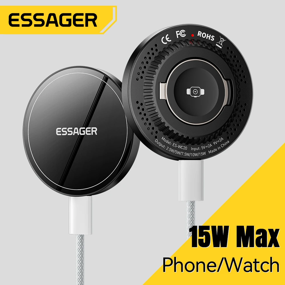 Essager 2-in-1 magnetisches kabelloses Ladegerät 15 W mit Halter tragbares Schnellladegerät für iPhone 16 15 14 Pro Max iWatch Huawei Xiaomi Image