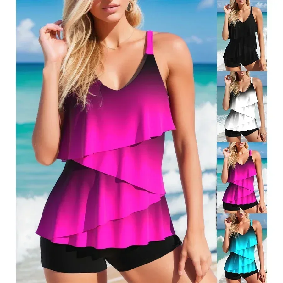 Neuer bequemer Sommer-Damen-Urlaubs-Badeanzug mit rosarotem Farbverlauf, Rüschenrand, zweiteiliges Set S-6XL Image