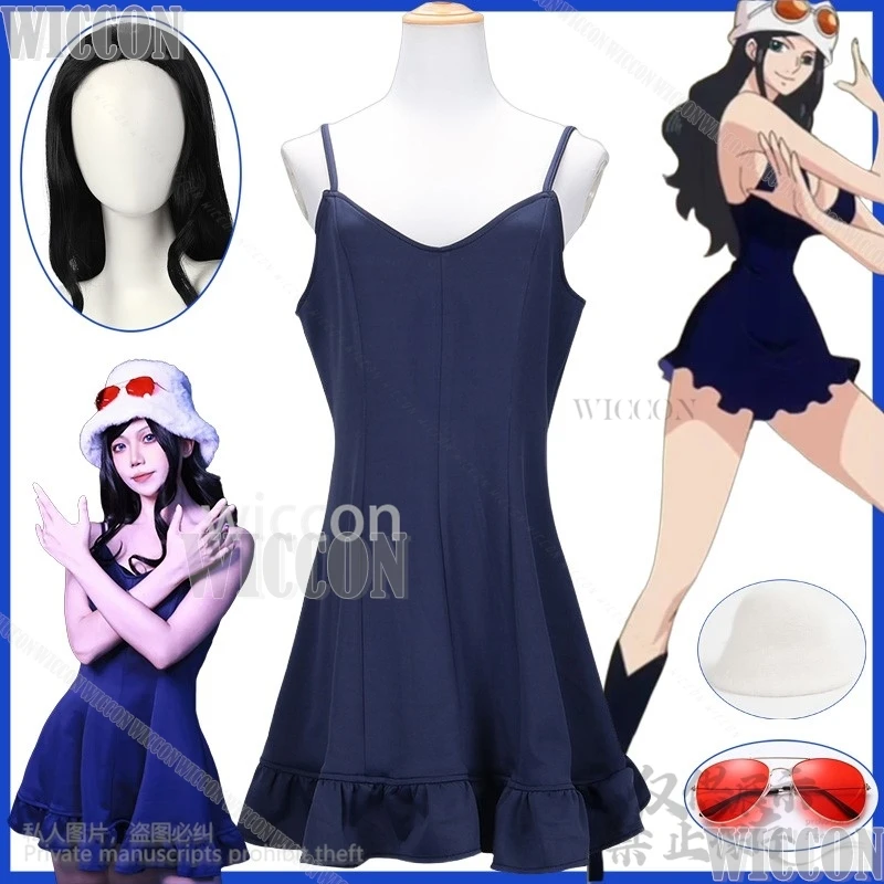 Anime Miss Allsunday Cosplay Nico Robin Kostüm Sexy Mädchen Frau Blaues Kleid Weißer Hut Brille Prop Halloween Comic Con Angepasst