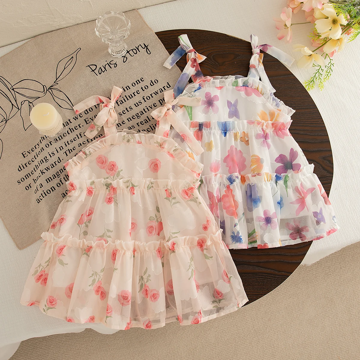 Baby Mädchen Kleid Sommer Schleife Und Blumenmuster Neckholder Puffy Baby Mädchen Prinzessin Kleider Niedlich Lässig Strand Mädchen Kleid Image