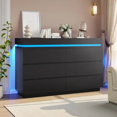 Modern 6 Drawer Dresser with Sliding Desktop, Wide Chest of Drawers with Charging Station & LED