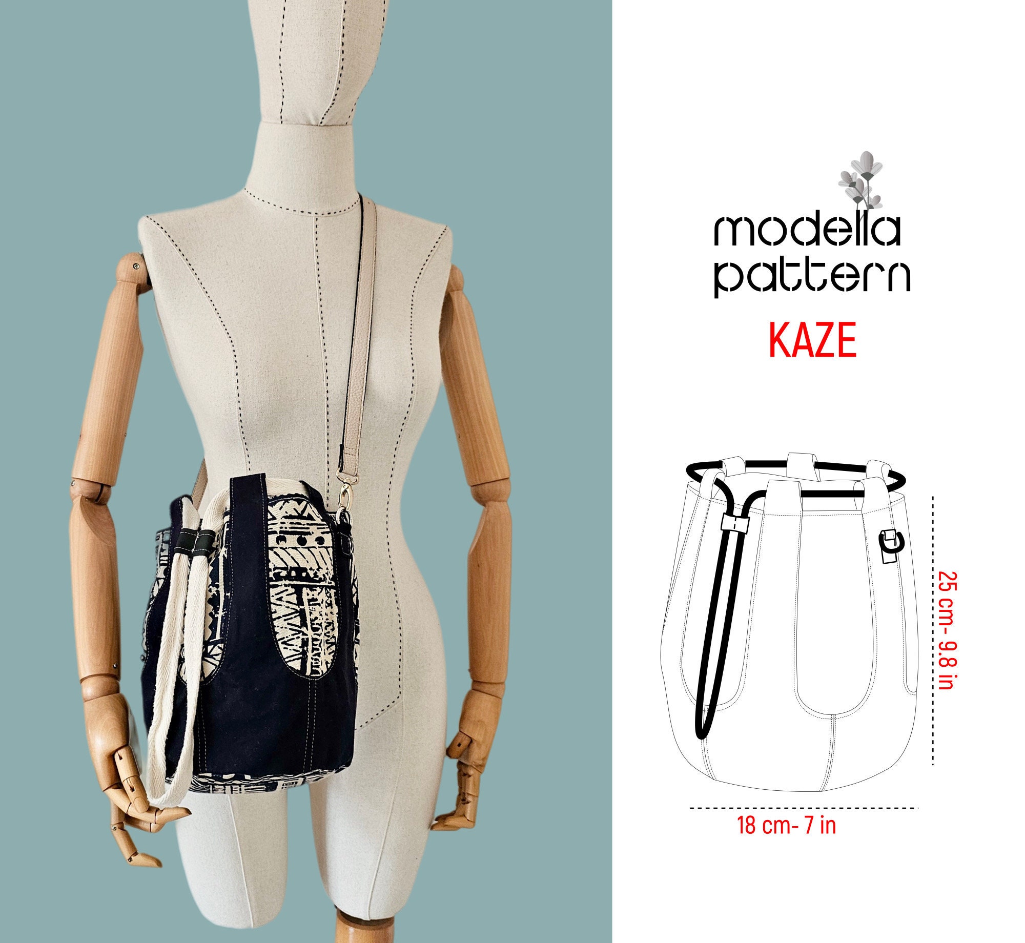Modello borsa KAZE, borsa a secchiello, modello totebag, modello pdf digitale, download pdf, modello borsa, modello borsa, modello borsa a tracolla, b