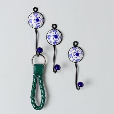 'Spring-Themed Blue Ceramic and Brass 3-Piece Coat Hook Set'