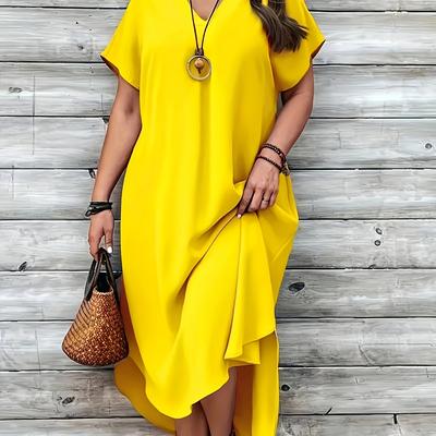 TEMU Women's Plus Size Elegant V-neck Short Sleeve Casual Dress - Solid Color, Curvy Hem, Spring/summer/fall Image