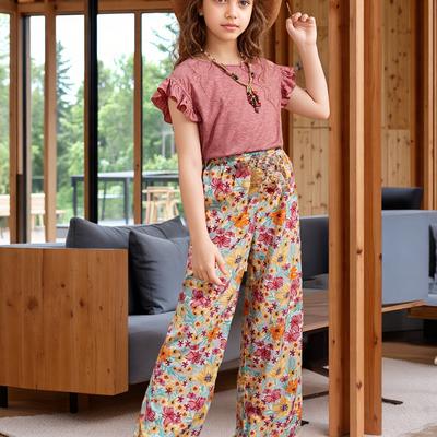 TEMU 2pcs Tween Girl Marled Ruffle Trim & Floral Print Belted Pants Set Image