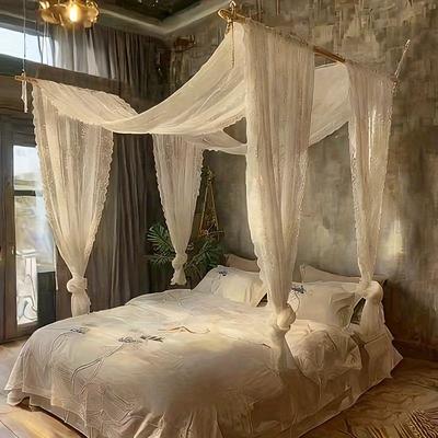 TEMU 2pcs Elegant White Lace Bed Curtains, 28x236 Inch, Four-pillar Design, Lightweight Woven Fabric, Fits Full/double Beds, Hand Wash Only, Romantic Bedroom Decor|elegant Lace Design|woven Polyester