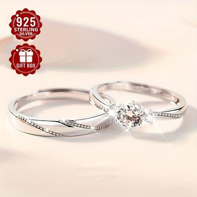 TEMU A Set Of 2pcs Of 925 Sterling Silver Synthetic Zirconia Rings, A Pair Of Couple Rings That , Approximately 4.6 Grams - Suitable For Engagement Gifts Or Tokens . Image