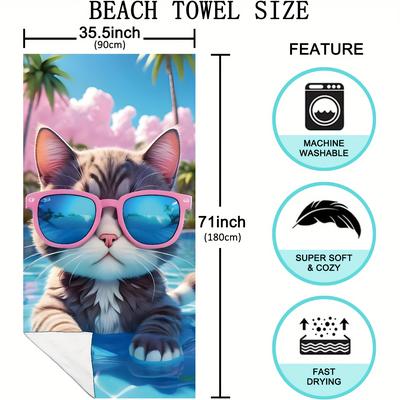TEMU Extra Large Microfiber Beach Towel With Cat In Fashion Glasses Design - Quick-dry, Sand-free, Soft & Lightweight, Ideal For Beach, Pool, Camping & Travel Image