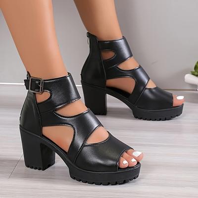 TEMU Women's Chunky Heel Open-toe Sandals With Cut-out Design - Fashionable Back Zipper High Heels For Parties And Casual Wear, Strappy Sandals Image